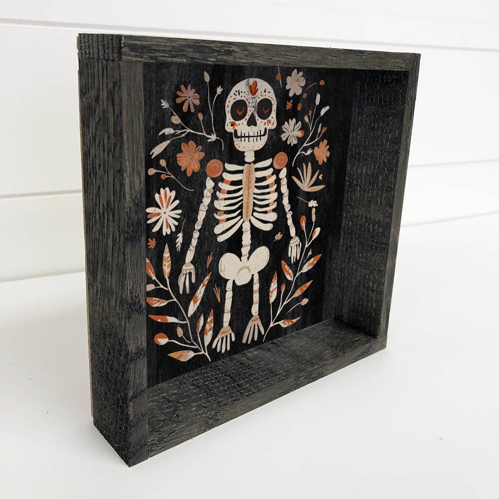 Folk Halloween Skeleton Flowers - Folk Halloween Canvas Art