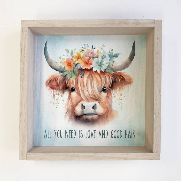 Good Hair Highland Cow - Cute Framed Animal Wall Art - Decor