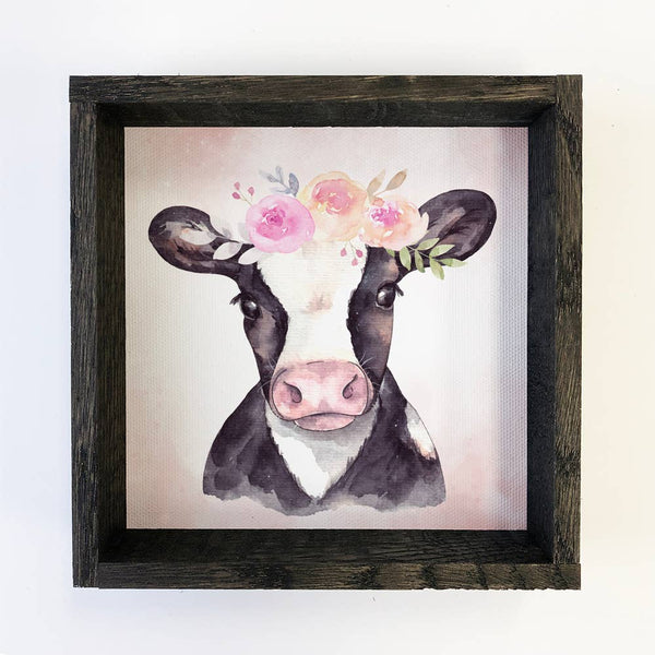 Baby Dairy Cow Flower- Farmhouse Sign Black and White Cow