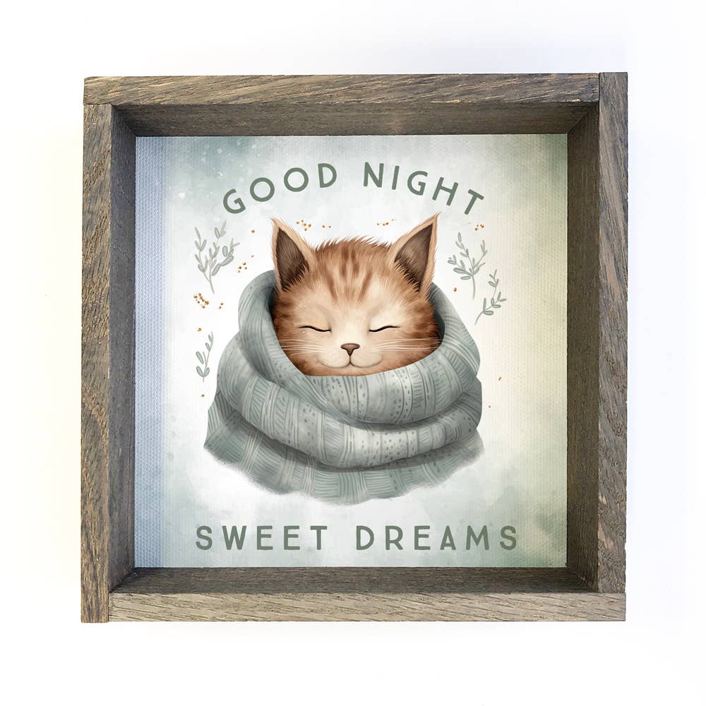 Good Night Cat in Blanket - Cute Animal Nursery Canvas Art