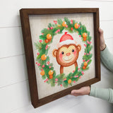 Christmas Wreath Monkey - Cute Holiday Animal - Framed Decor