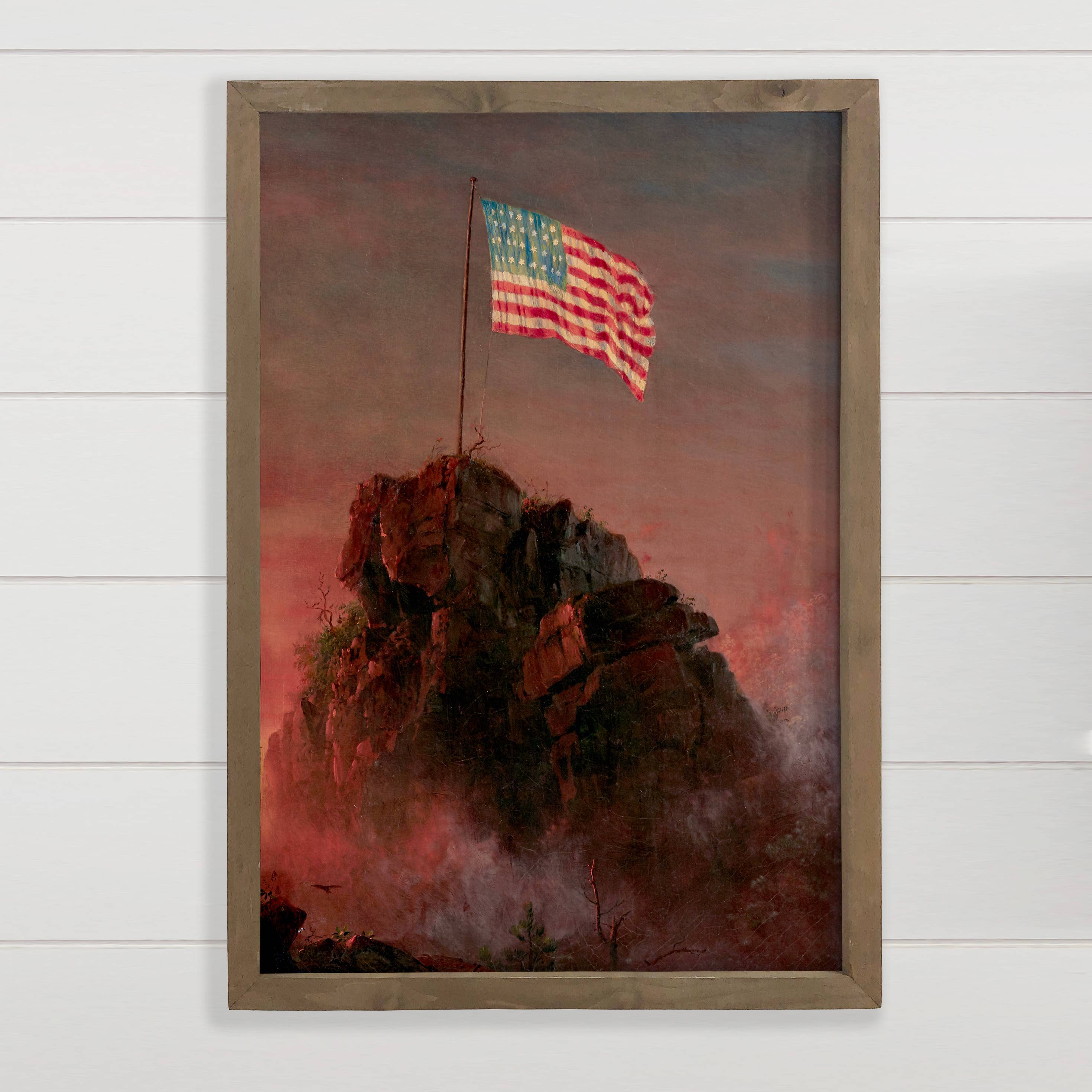 Flag on Coastal Cliff - Patriotic Canvas Art - Wood Framed