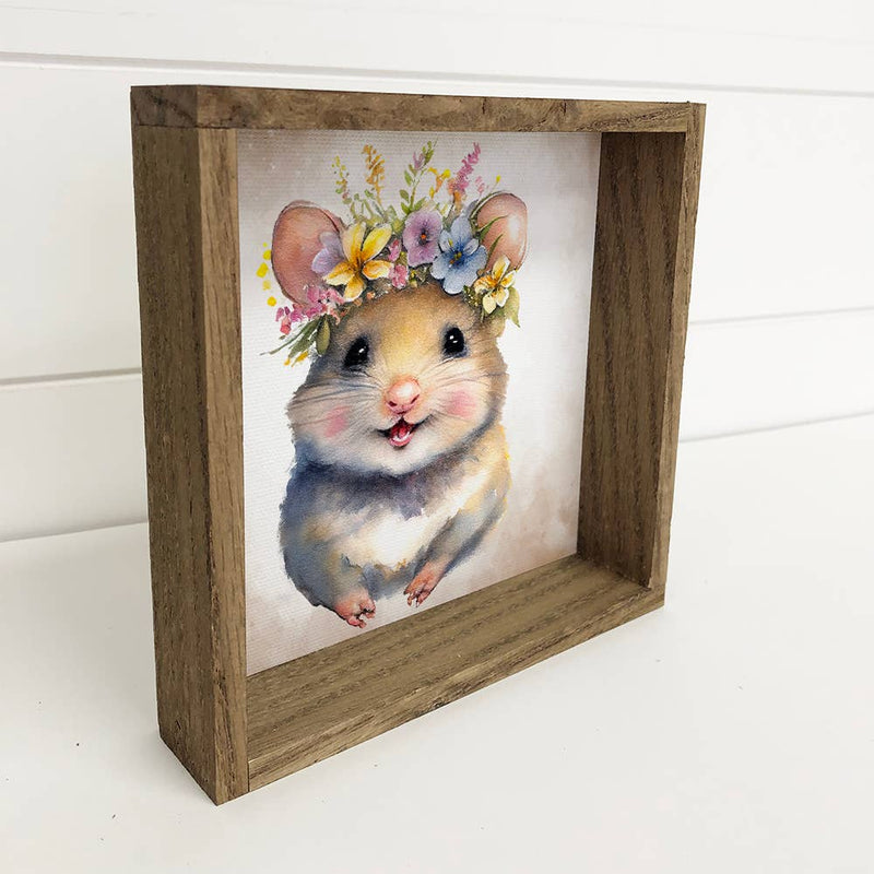 Cute Flower Mouse - Nursery Wall Art with Rustic Wood Frame