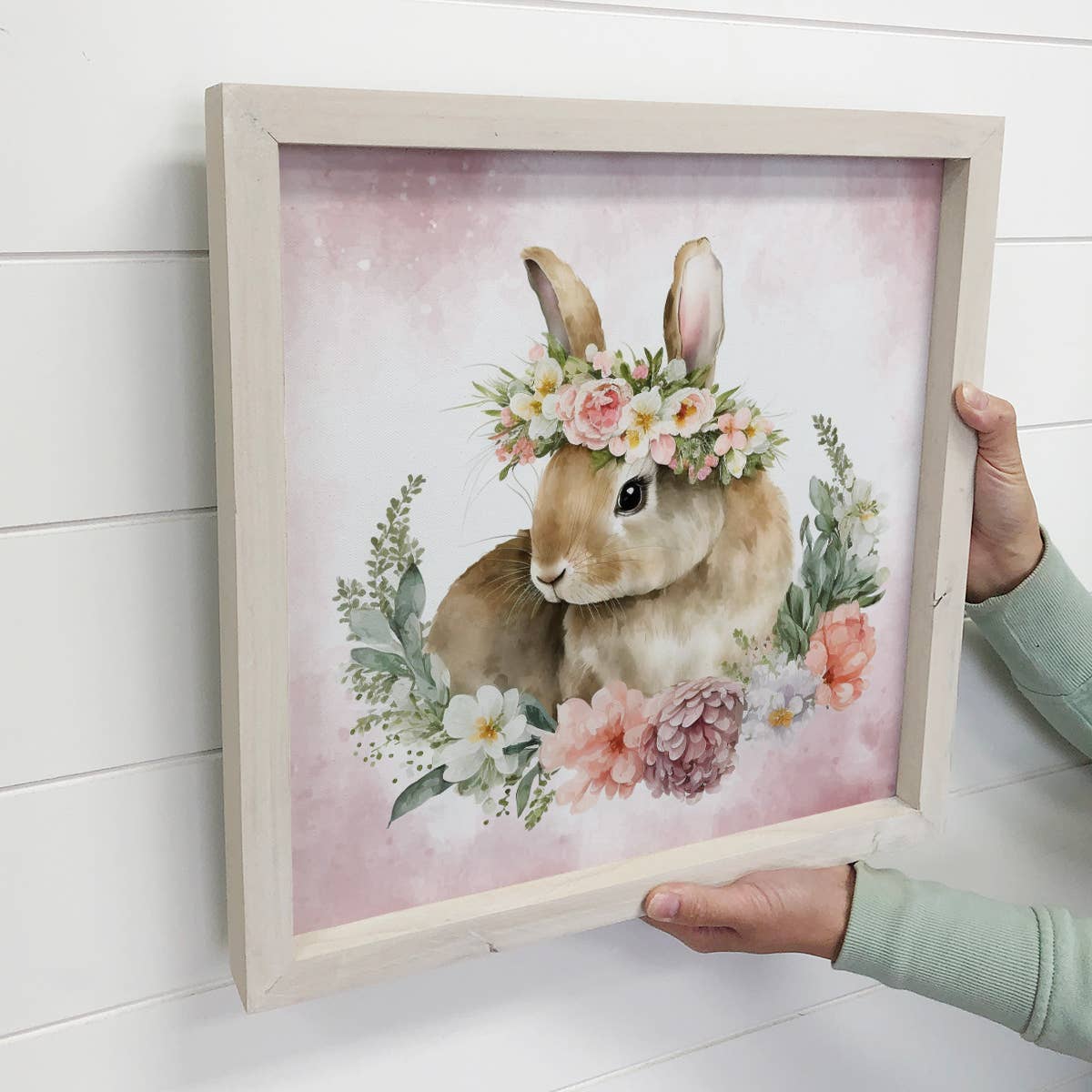 Bunny Pink Flower Wreath - Spring Time Bunny - Wood Framed