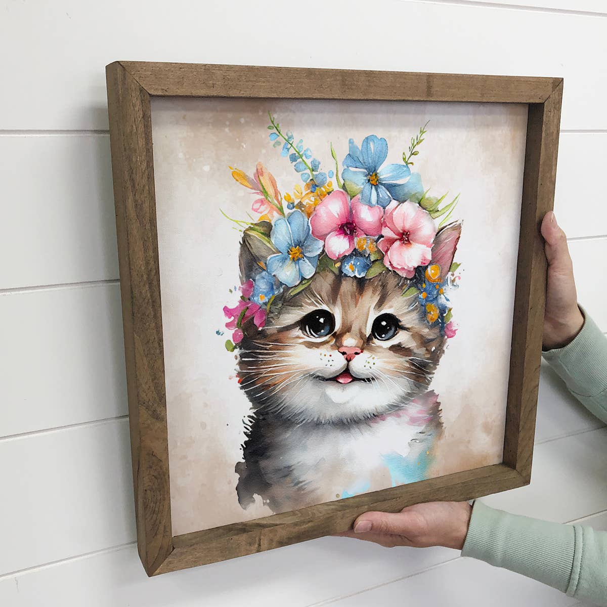 Cute Flower Cat - Nursery Art with Rustic Wood Frame