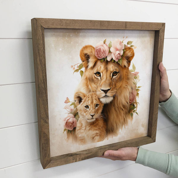 Mother Baby Lion Watercolor - Lion Canvas Art - Framed Decor