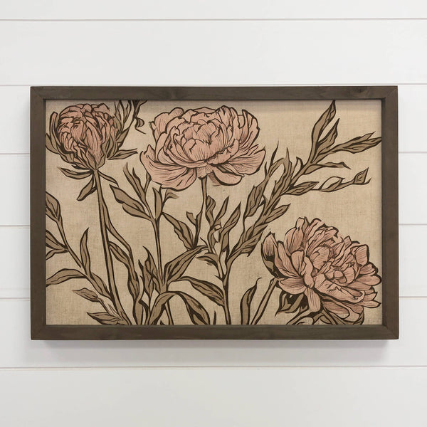 Peony Linocut - Floral Canvas Art - Wood Framed Farmhouse