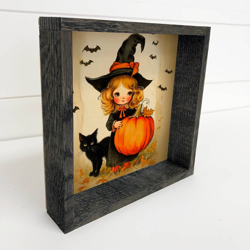 Vintage Witch Girl Pumpkin and Cat - Halloween Canvas Art