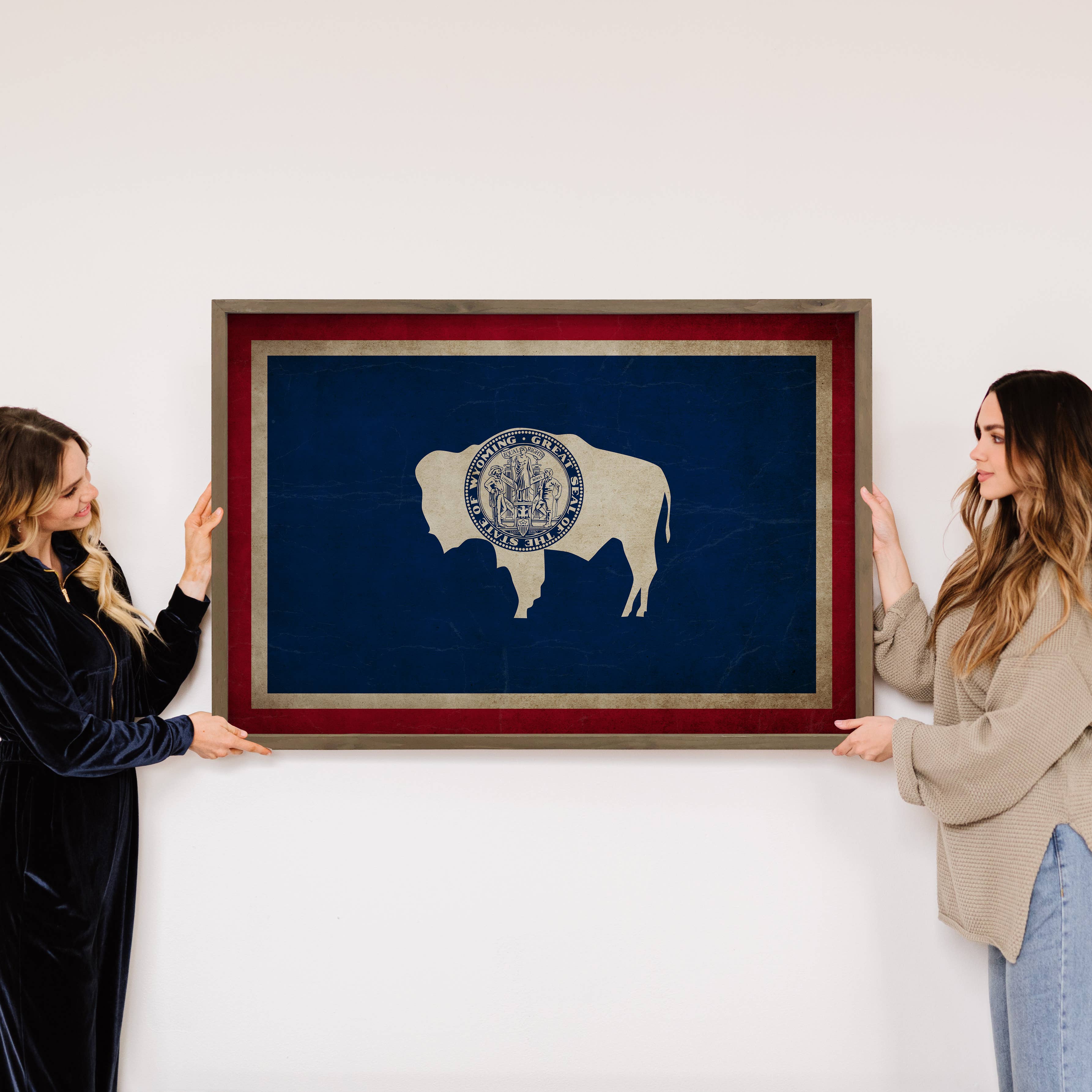 Wyoming Vintage Flag - State Flag Canvas Art - Wood Framed