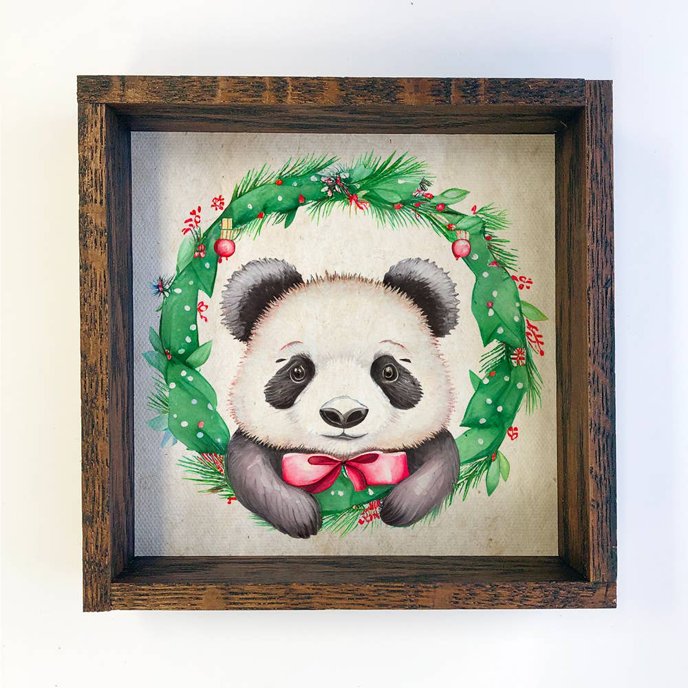 Christmas Wreath Panda - Cute Holiday Animal - Framed Decor