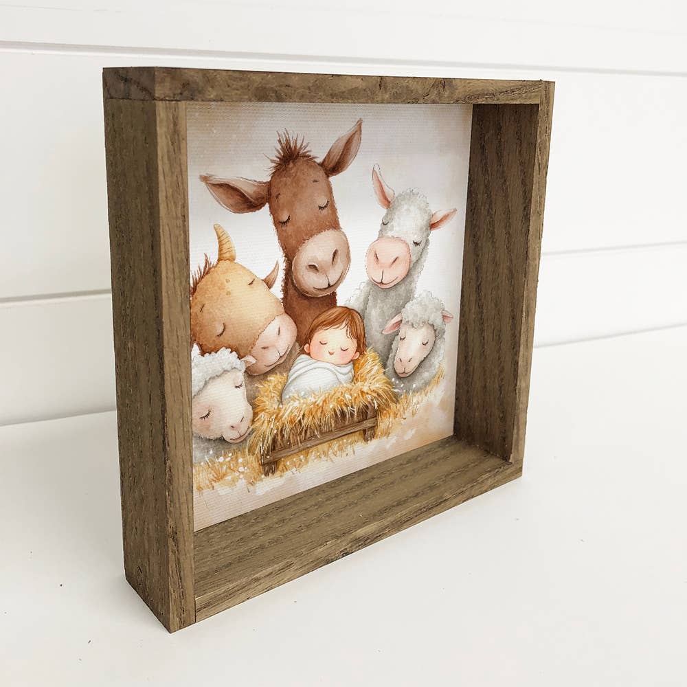 Cute Nativity Farm Animals Adore Baby Jesus - Nativity Scene