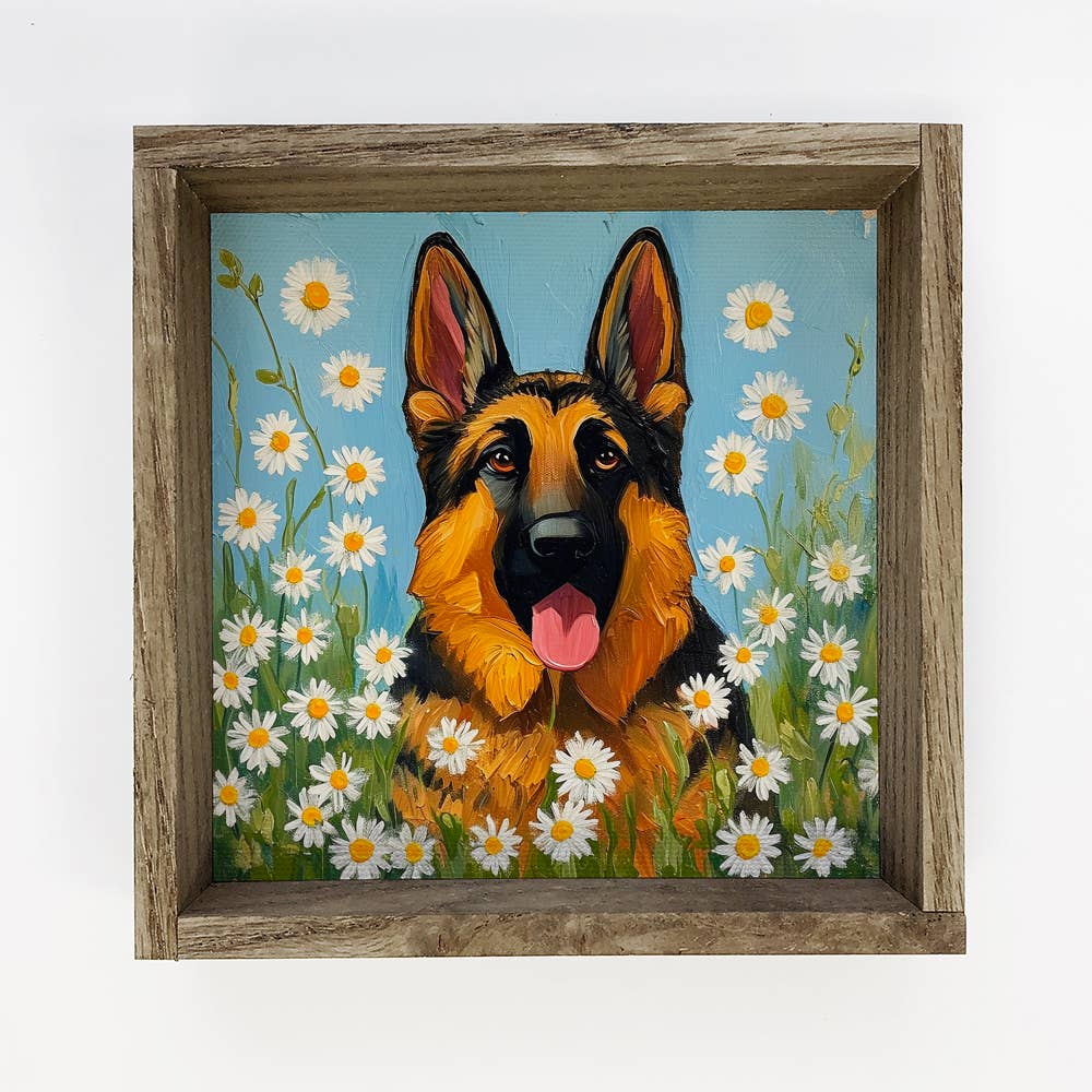 German Shepard and Daisies - Dog and Flowers Canvas Art