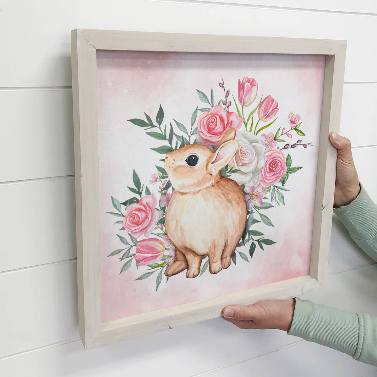 Bunny with Flowers - Farmhouse Nursery - Natural Wood Frame