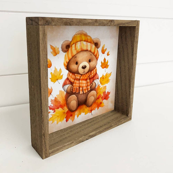 Fall Bear Beanie Scarf - Cute Autumn Bear Wall Art & Frame