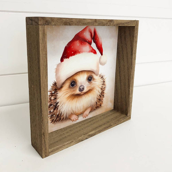 Hedgehog Santa Hat - Cute Holiday Animal Canvas Art - Framed