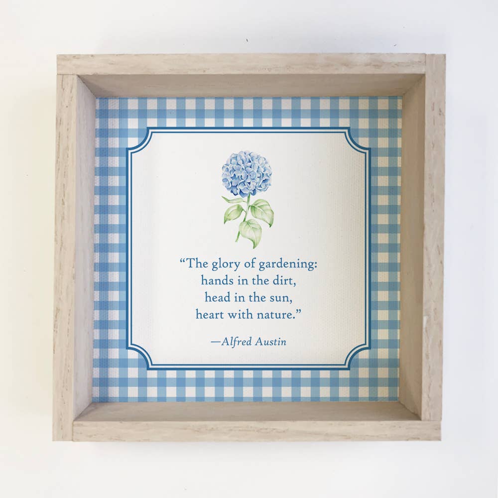 Hydrangea Gardening Blue Gingham - Canvas Word Art - Framed