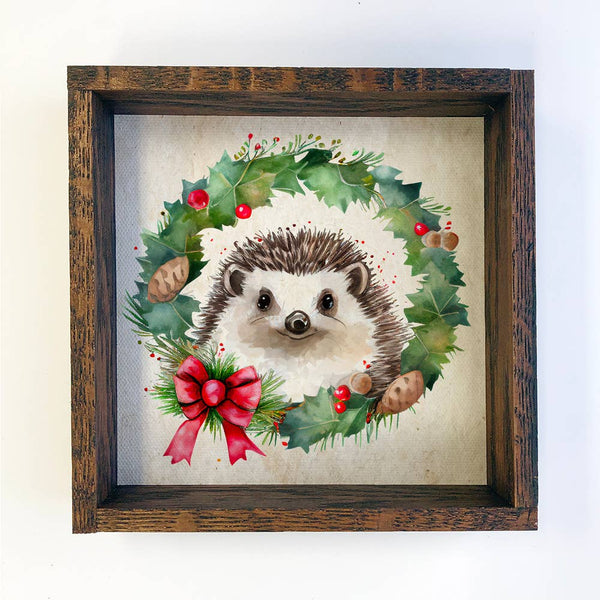 Christmas Wreath Hedgehog - Cute Holiday Animal - Framed Art