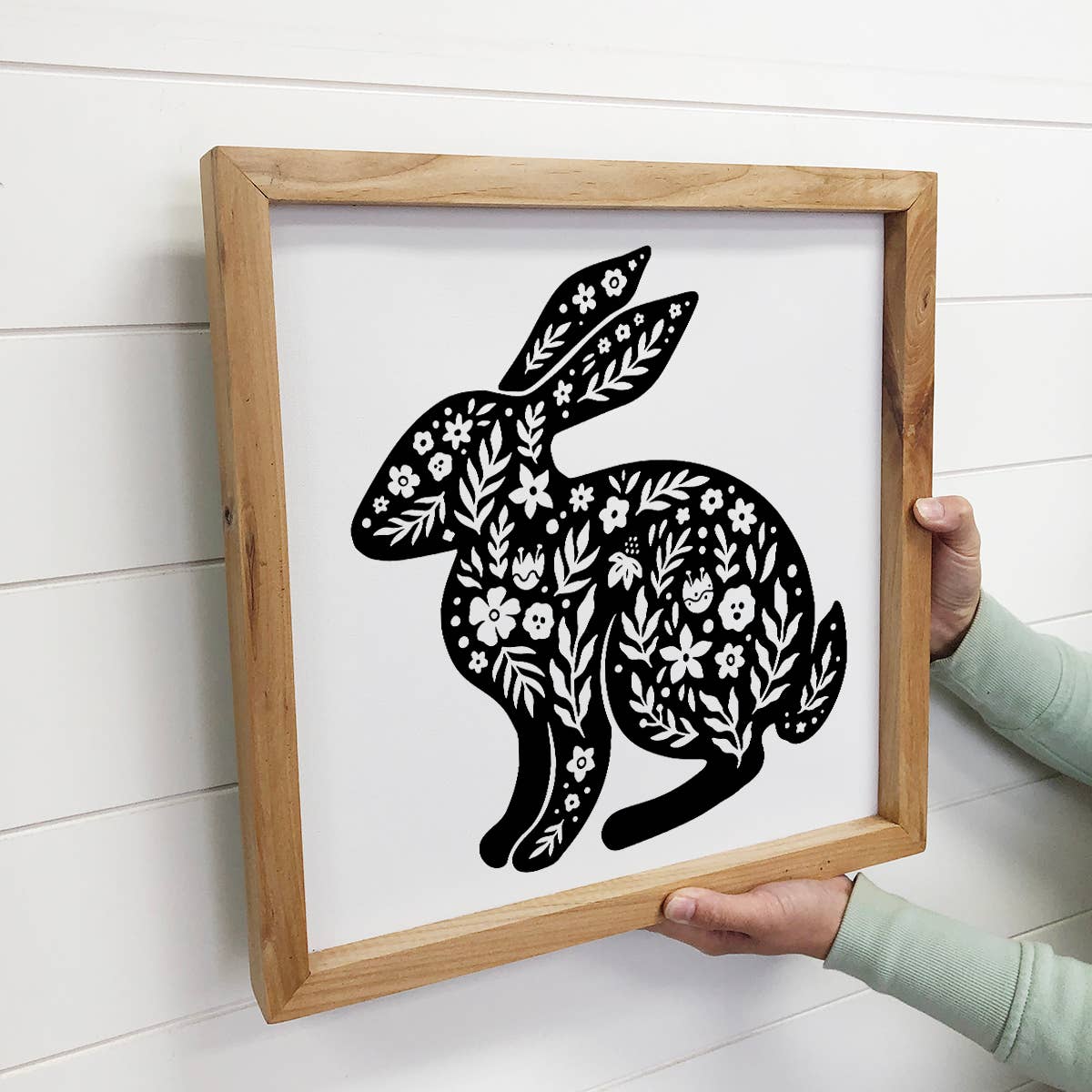 Folk Art- Black and White Bunny- Small Canvas and Frame