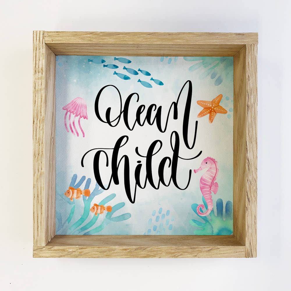 Small Watercolor Ocean Child Canvas with Nautral Frame