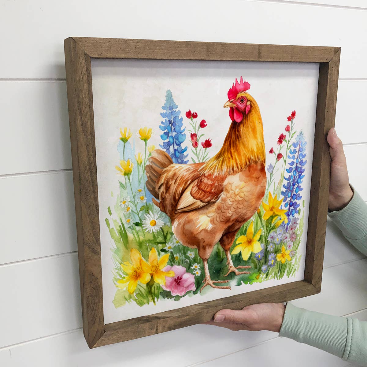 Spring Chicken Yellow Flowers - Chicken Canvas Art - Framed