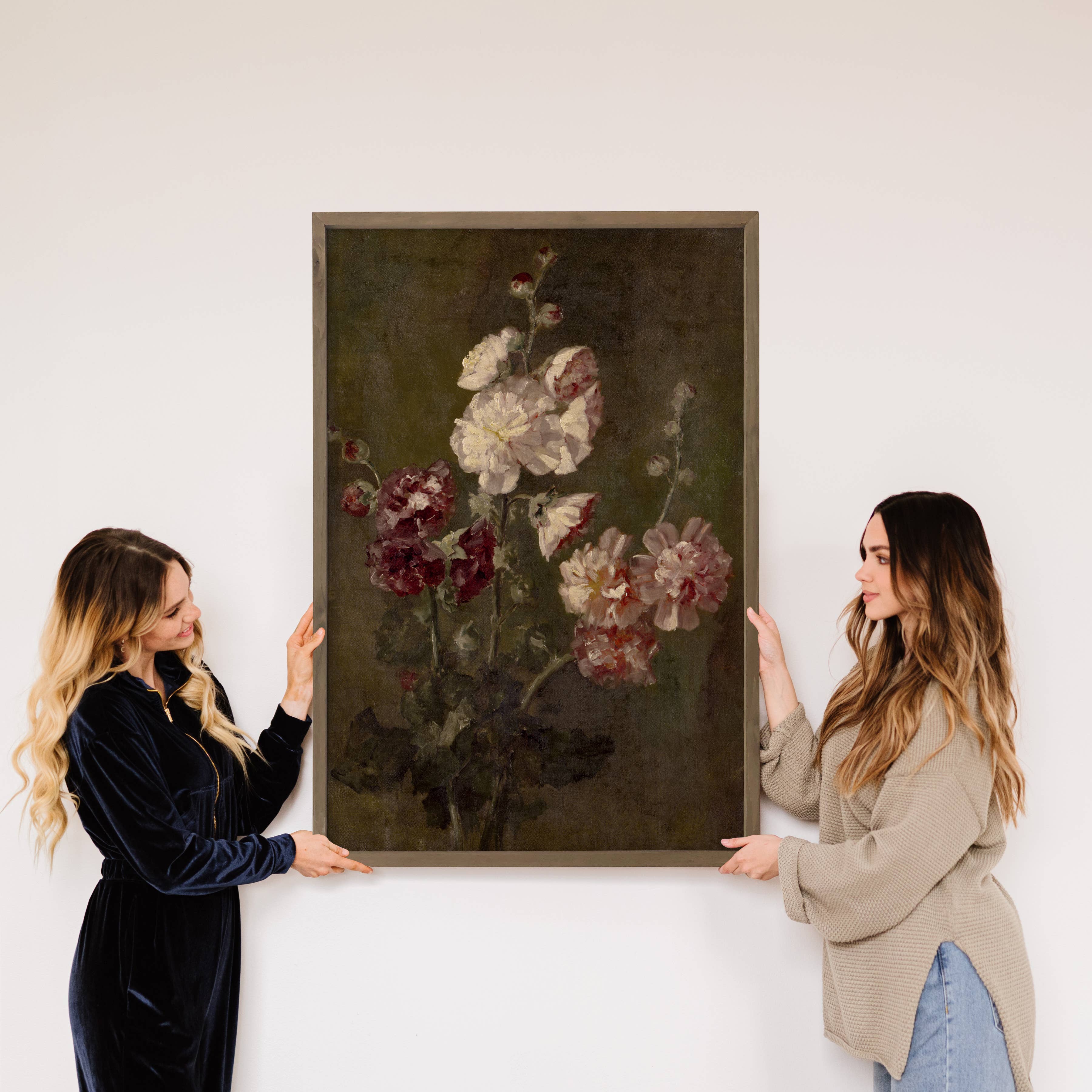 Vintage Hollyhocks - Flower Canvas Art - Wood Framed Art