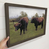 Dark Grazing Bulls - Bull Canvas Art - Wood Framed Wall Art