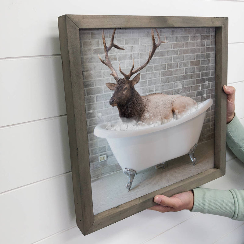 Elk in a Bubble Bath Funny Bathroom Greywash Wood Frame