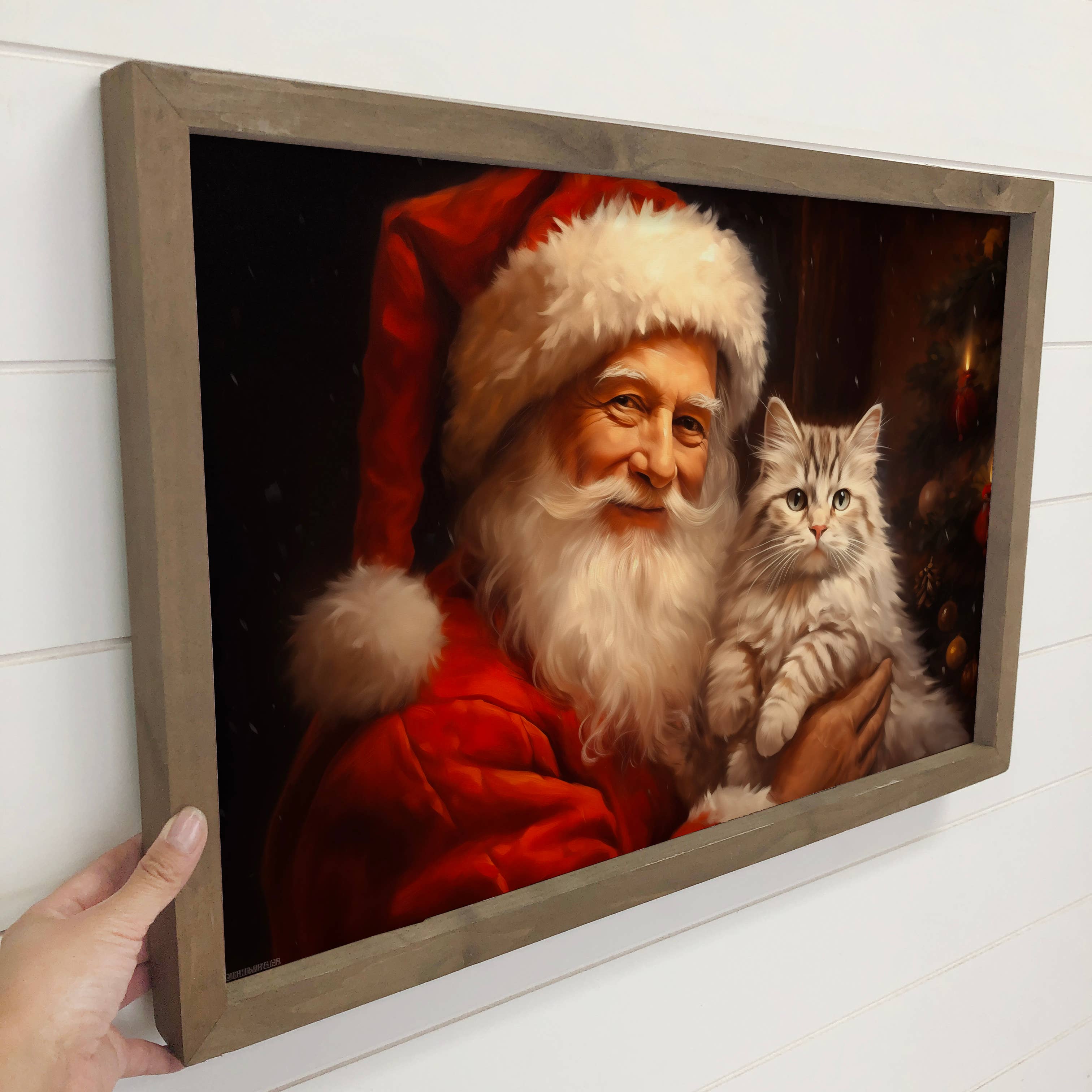 Santa and Fluffy White Cat - Christmas Canvas Art - Framed