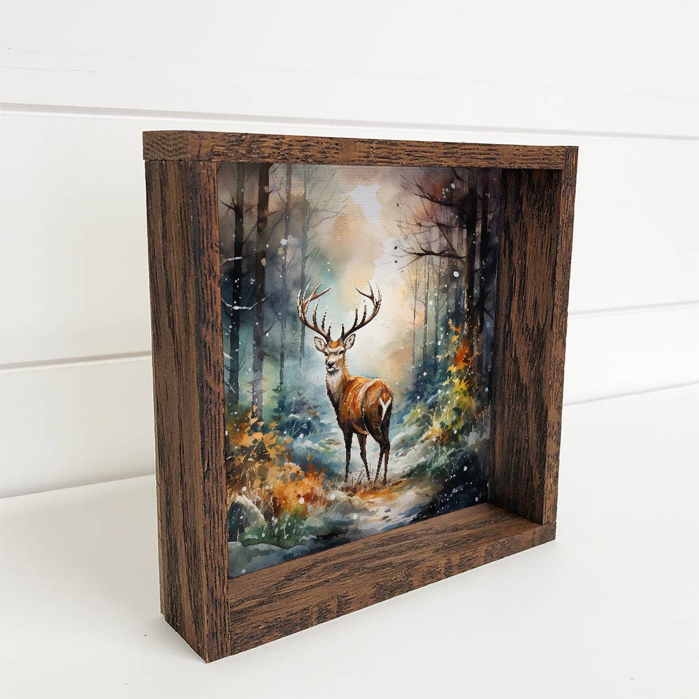 Winter Watercolor Deer Forest - Deer Canvas Art - Wood Frame