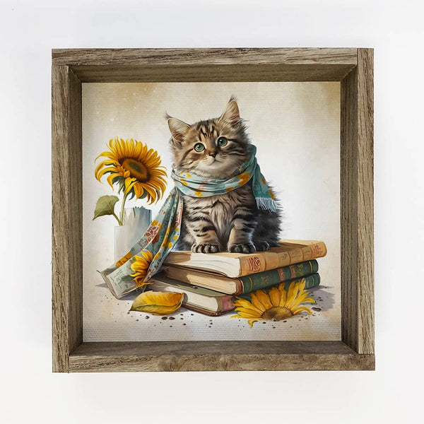 Sunflower Cat Books - Cute Kitty Fall Art - Kitten Library