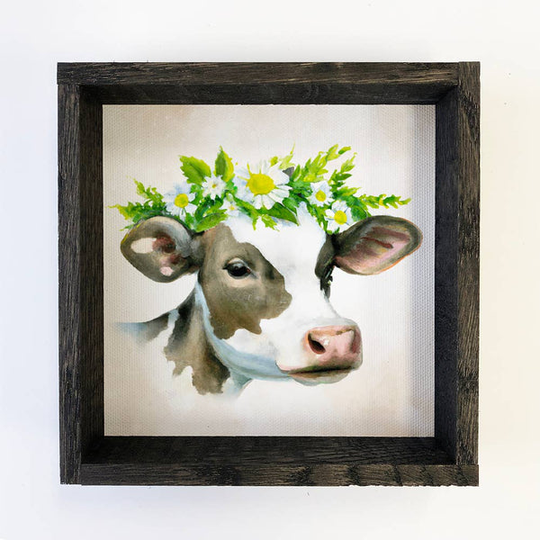 Dairy Cow with Daisies- Canvas Wall Art- Small Sign