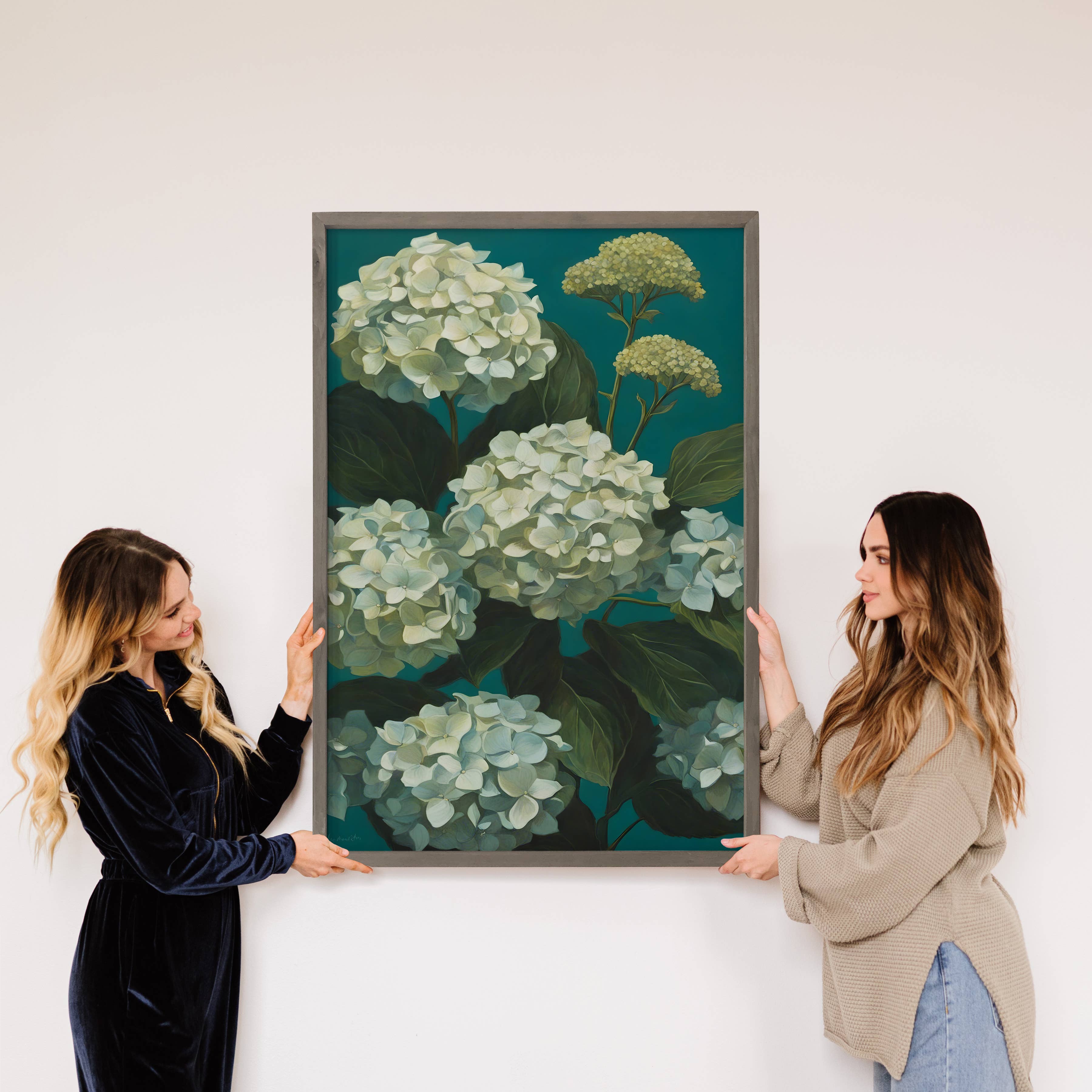 Teal Hydrangeas - Flower Canvas Art - Wood Framed Floral Art