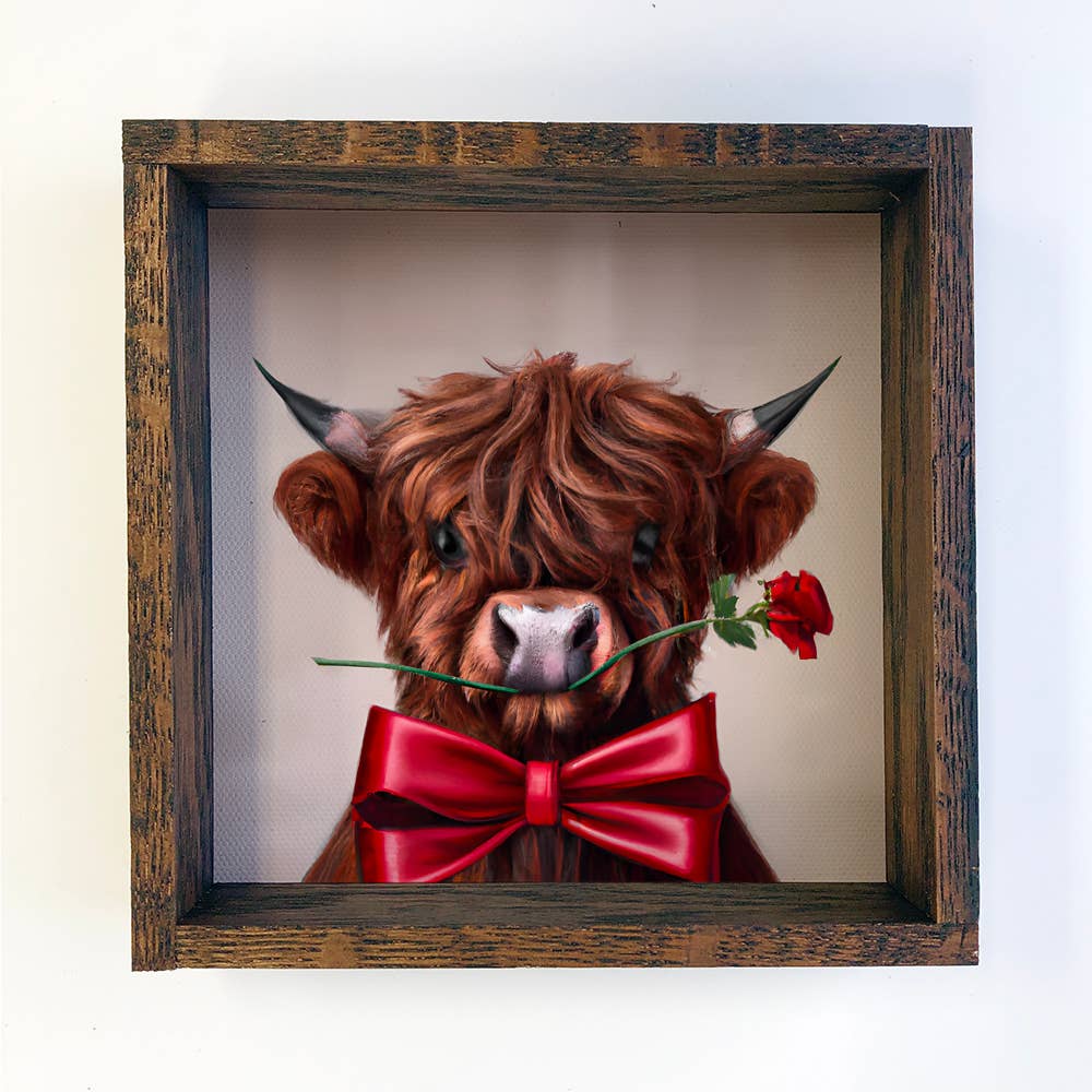 Valentines Cow Art Sign - Highland Bull with a Rose