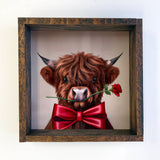 Valentines Cow Art Sign - Highland Bull with a Rose