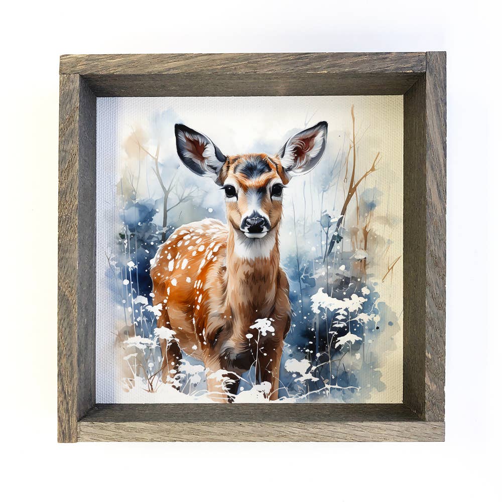 Winter Watercolor Doe Blue - Deer Canvas Art - Wood Framed