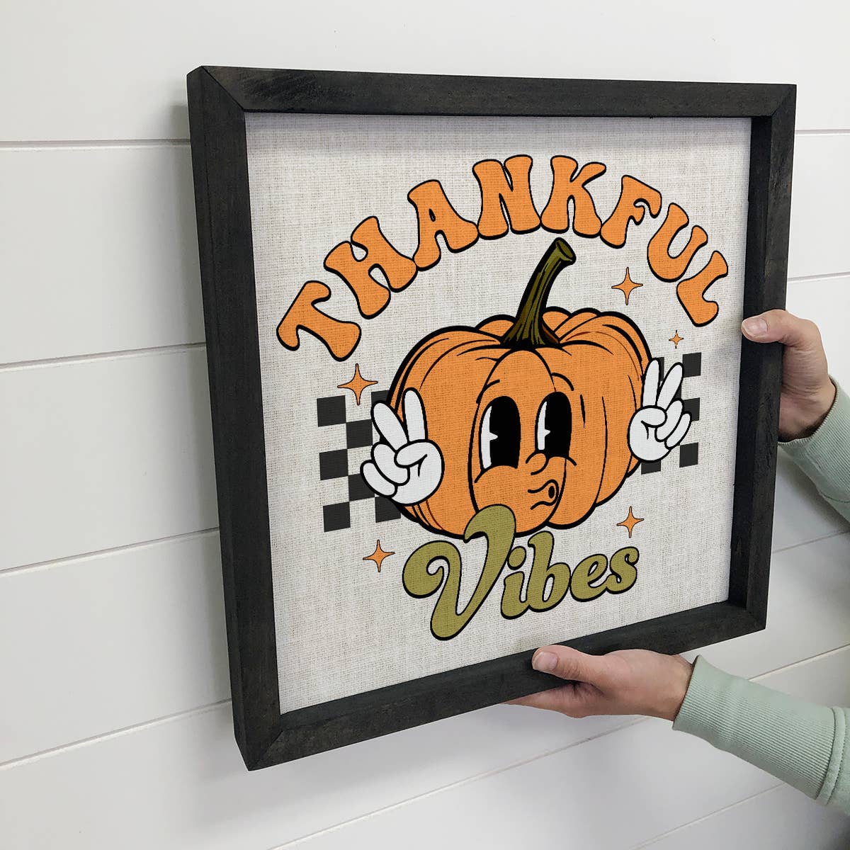 Thankful Vibes Retro Pumpkin - Cute Fall Framed Canvas Art