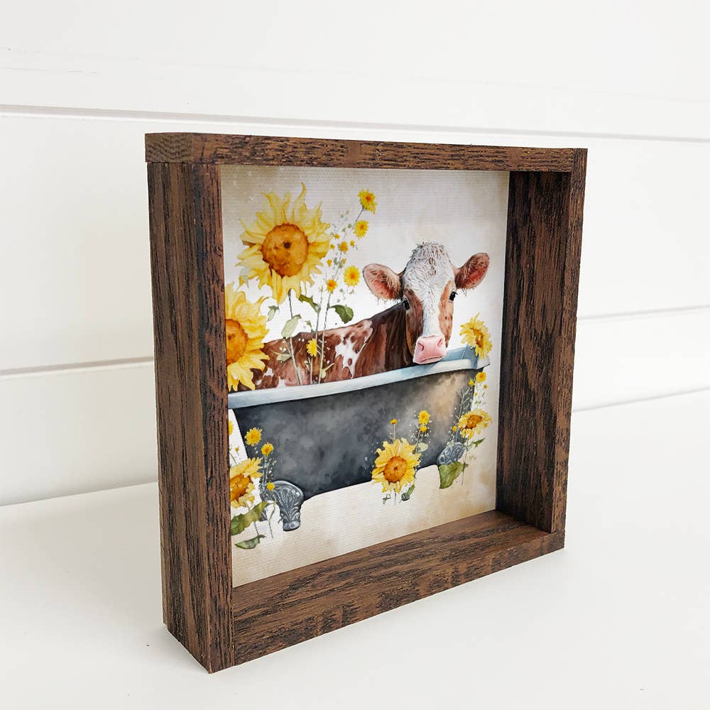 Brown Cow with Sunflower Bath - Cute Cow - Farm Bathroom Art