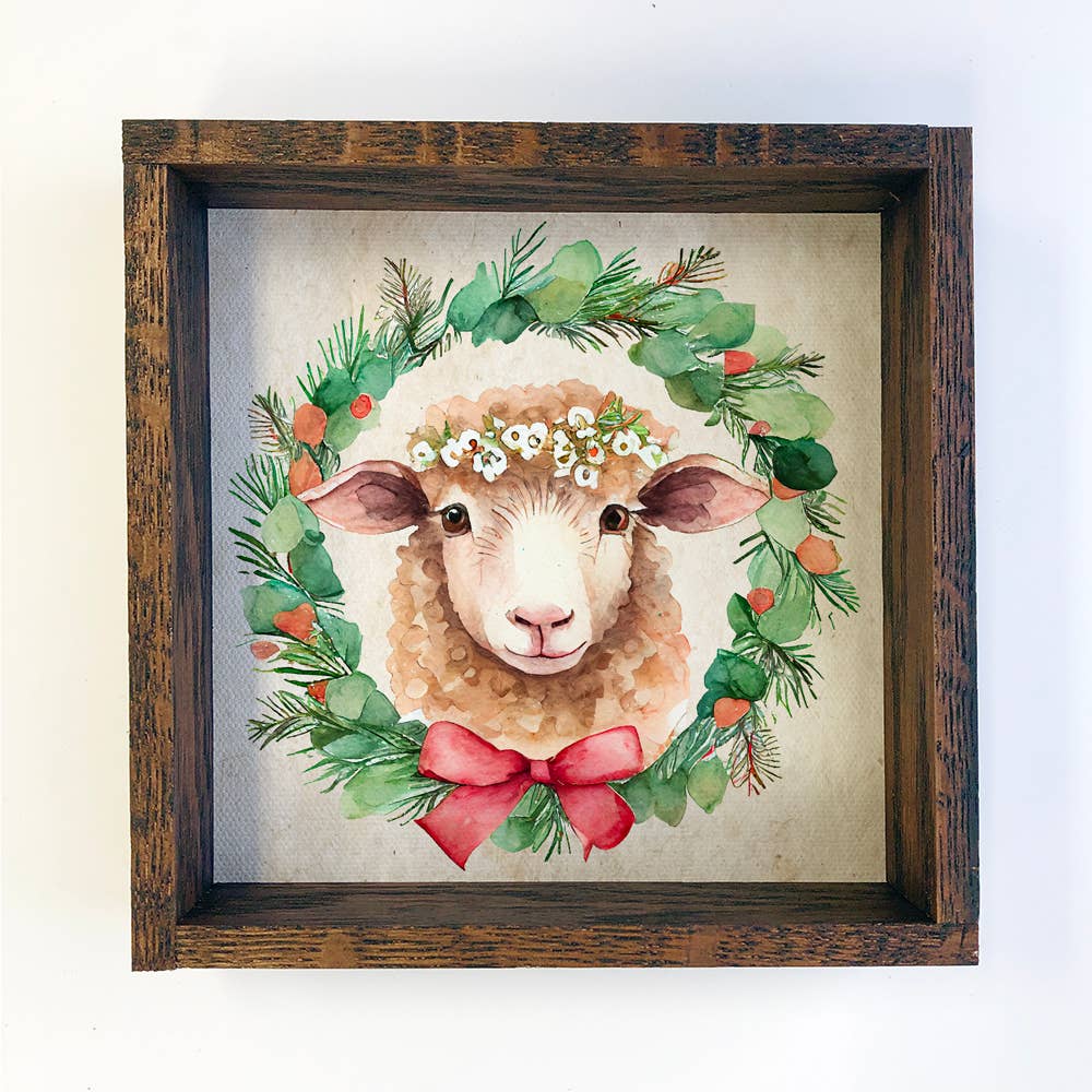 Christmas Wreath Sheep - Cute Holiday Animal - Framed Decor