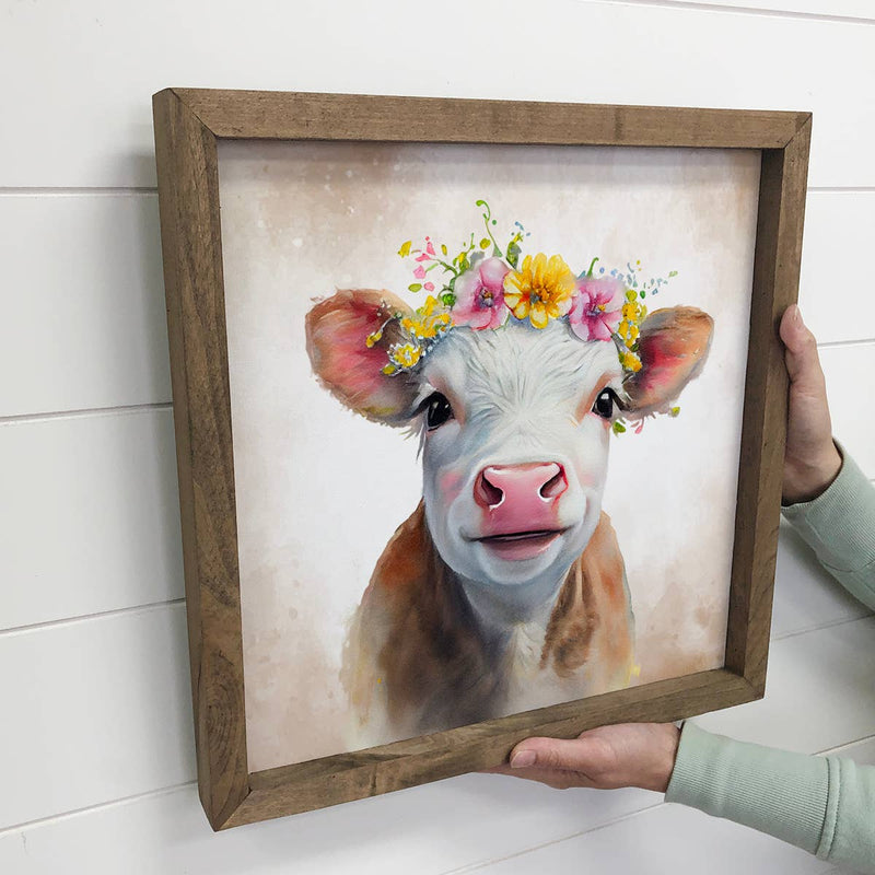 Cute Flower Cow - Nursery Art with Rustic Wood Frame