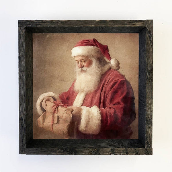 Vintage Santa Wrapping Presents - Rustic Holiday Canvas Art