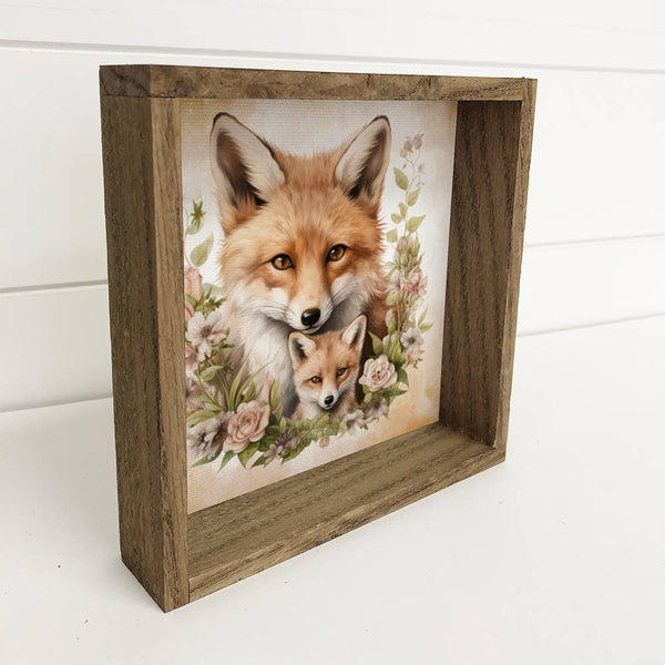 Mother Baby Fox Watercolor - Fox Canvas Art - Wood Framed