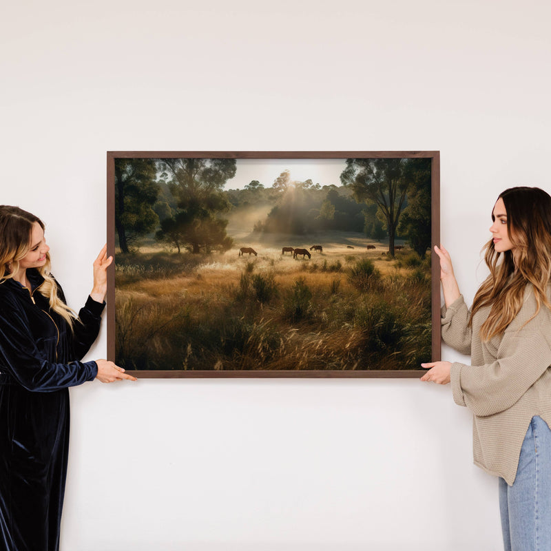 Horses in a Field - Framed Animal Canvas Art - Farmhouse Art