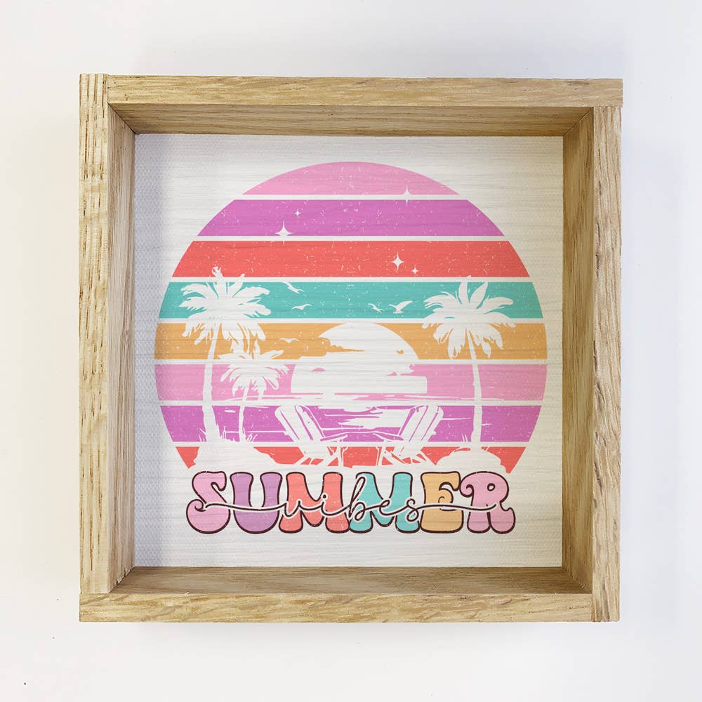 Retro Summer Vibes - Summer Word Art - Wood Framed Canvas