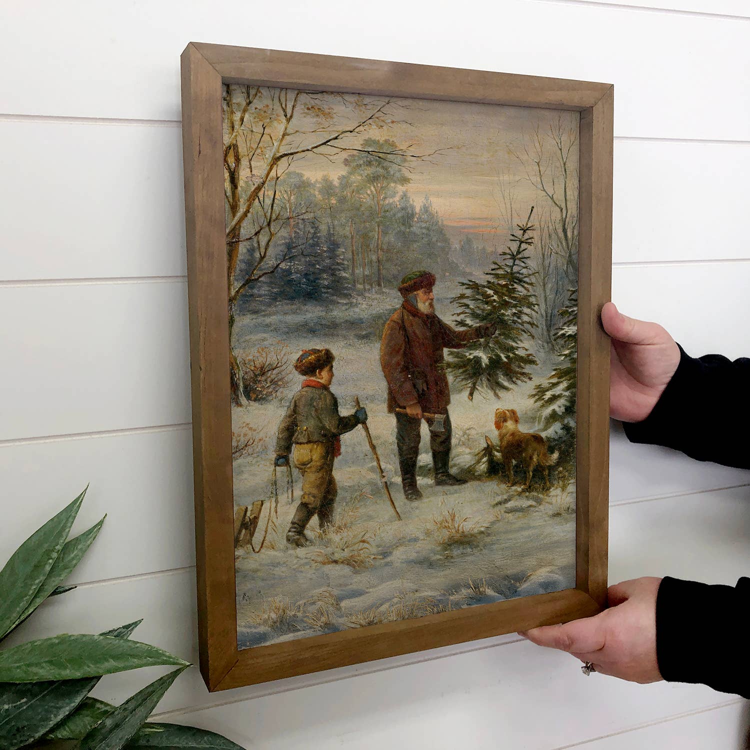 Father and Son Cut Christmas Tree - Vintage Holiday Wall Art