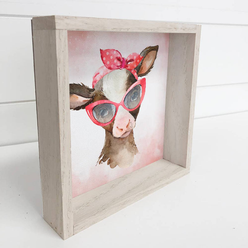 Baby Girl Cow in Sunglasses Whitewash Small Decor