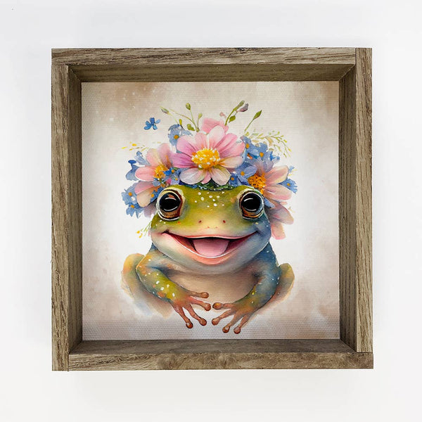 Cute Flower Frog - Nursery Art with Rustic Wood Frame