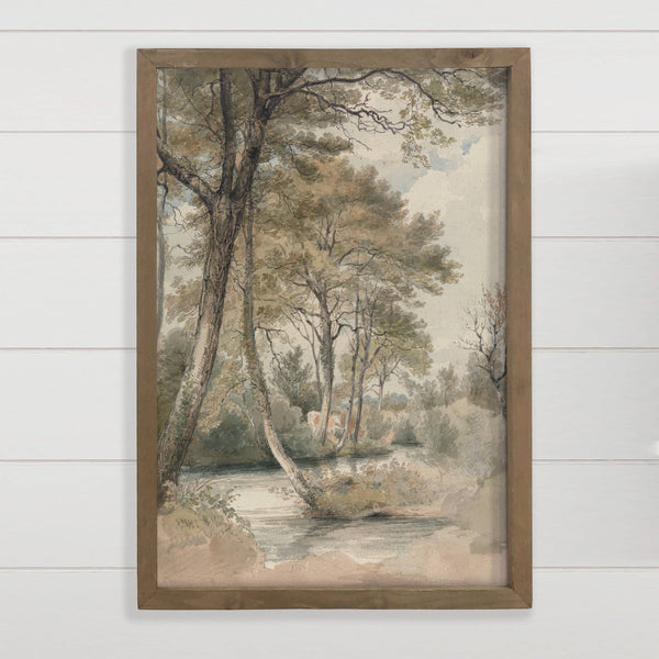 Vintage Tree Lined Stream - Framed Nature Wall Art - Cabin