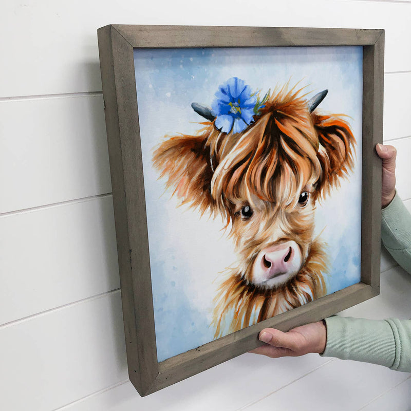 Cute Cow Farmhouse Sign - Highland Calf Blue Flower Design