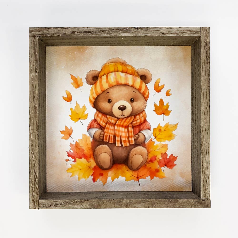 Fall Bear Beanie Scarf - Cute Autumn Bear Wall Art & Frame