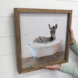 Zebra in a Bathtub Wood Framed Sign - Funny Kids Animal Art